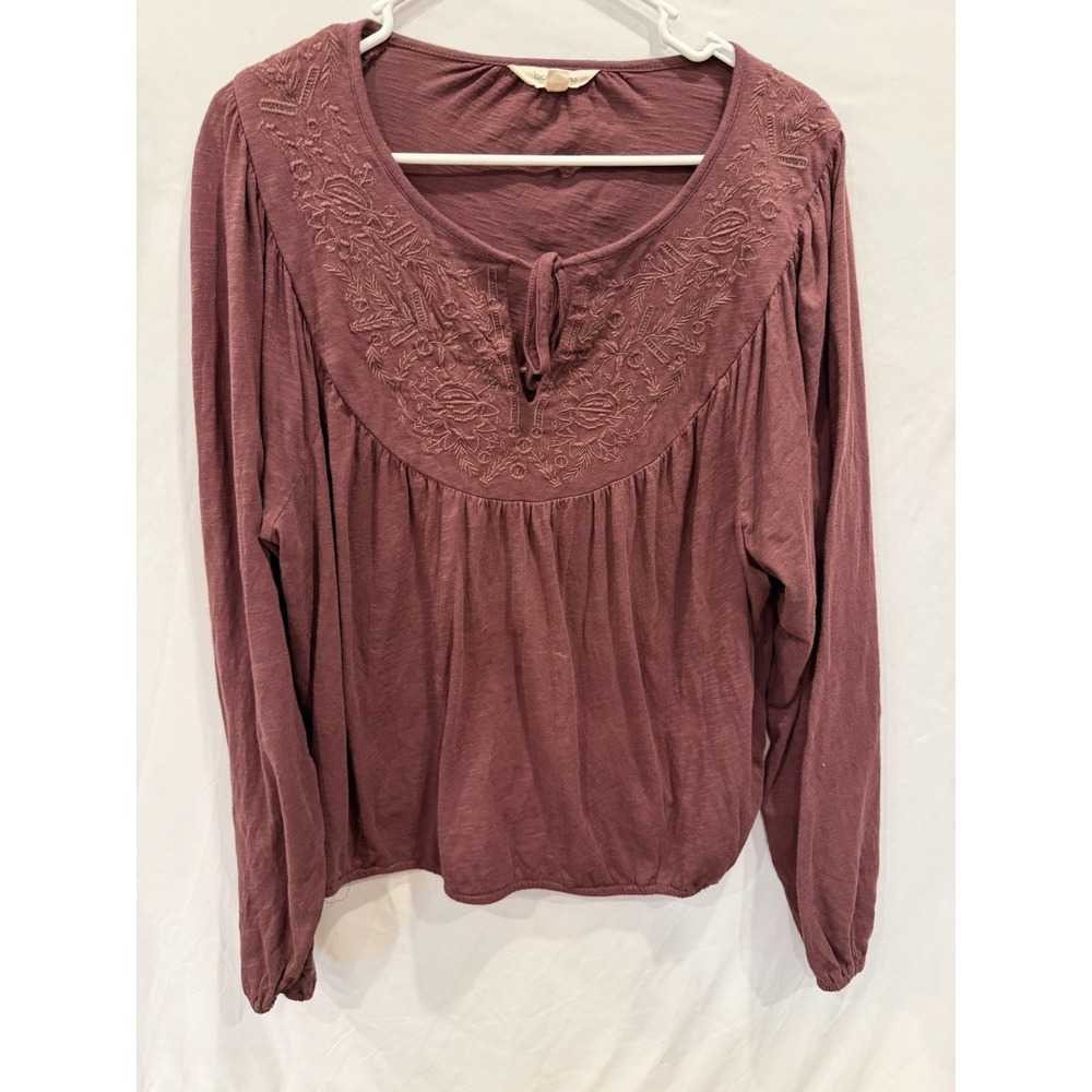 Lucky Brand Embroidered Boho Blouse Top XL Plum Purple Long Sleeve Elastic Hem